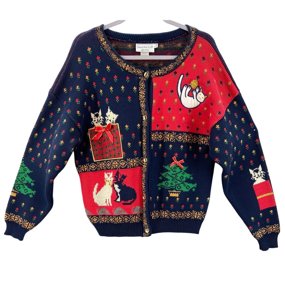 Sweater Loft Cardigan Women L Navy Red Vintage Christmas Cat Ugly Sweater 5322